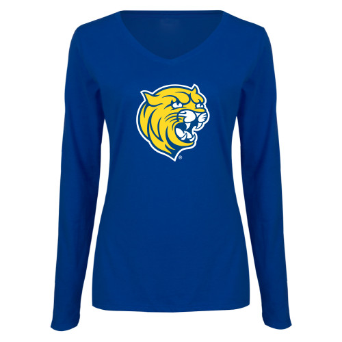  Womens Royal Long Sleeve V Neck Tee  - Cat Head