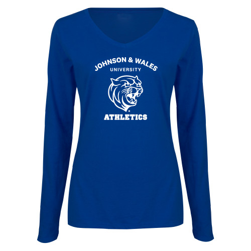  Womens Royal Long Sleeve V Neck Tee  - Johnson Wales Athletics