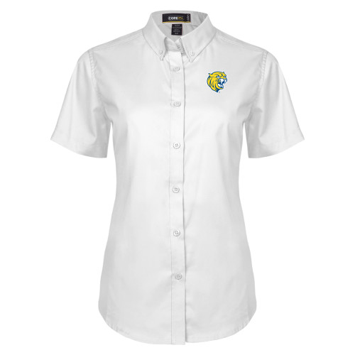  Womens White Twill Button Up Short Sleeve - Cat Head