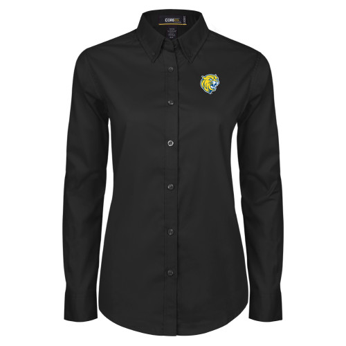  Womens Black Twill Button Down Long Sleeve  - Cat Head