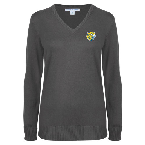  Womens Charcoal Heather VNeck Sweater - Cat Head
