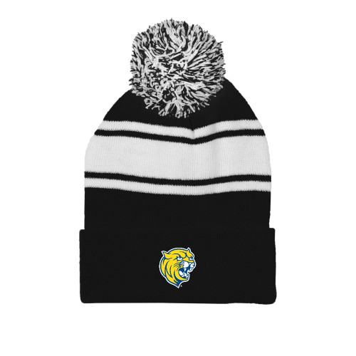  Black/White Two Tone Knit Pom Beanie w/Cuff - Cat Head
