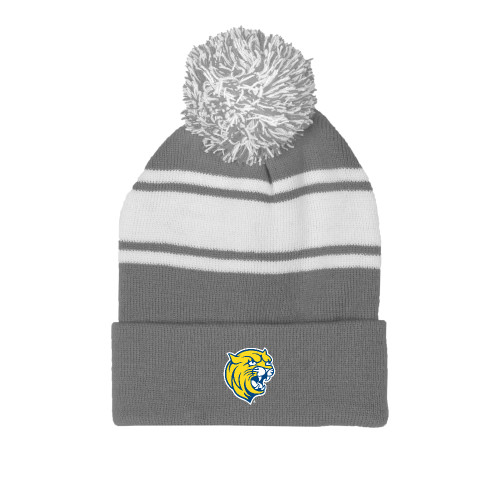  Grey/White Two Tone Knit Pom Beanie w/Cuff - Cat Head