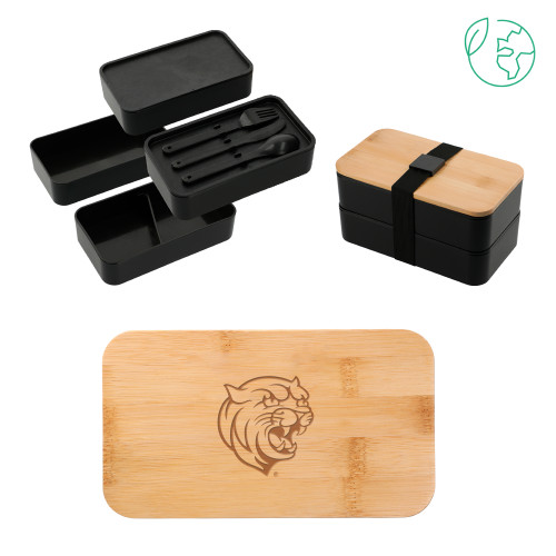  Stackable Bamboo Fiber Black Bento Box - Cat Head Engraved