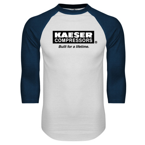 White/Navy Raglan Baseball T Shirt-Kaeser w tagline