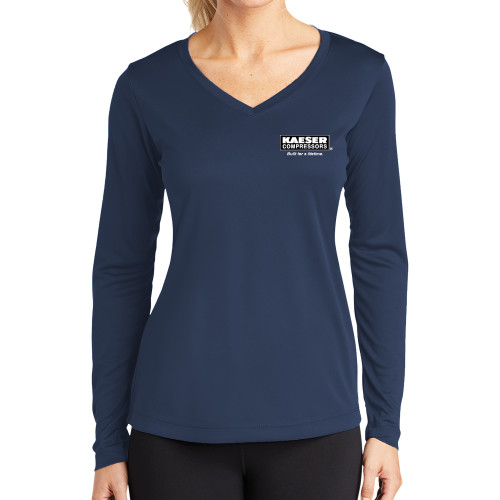 Womens Navy Performance Long Sleeve V Neck Shirt-Kaeser w tagline