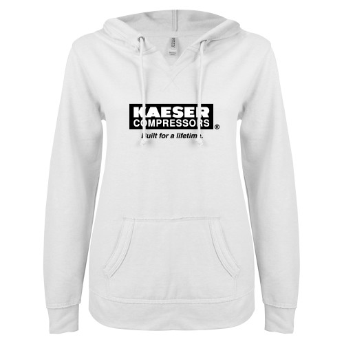 ENZA Womens White V Notch Raw Edge Fleece Hoodie-Kaeser w tagline