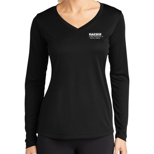 Womens Black Performance Long Sleeve V Neck Shirt-Kaeser w tagline