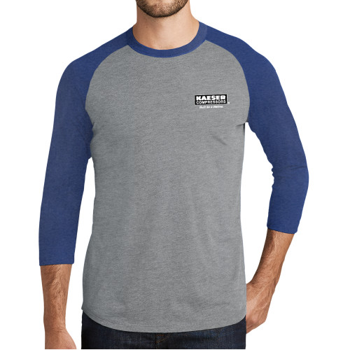 Grey/Royal Heather Triblend Baseball Raglan Tee-Kaeser w tagline