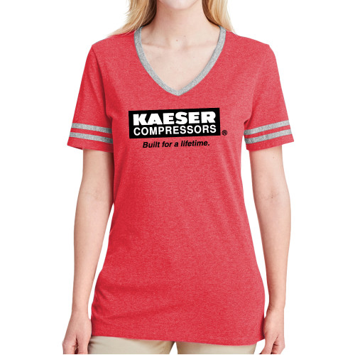 Ladies Red Heather/Grey Tri Blend Varsity Tee-Kaeser w tagline