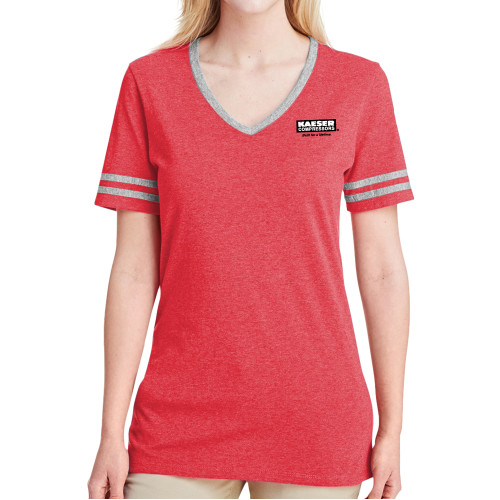 Ladies Red Heather/Grey Tri Blend Varsity Tee-Kaeser w tagline