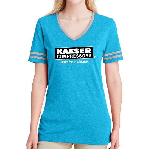 Ladies Turquoise Heather/Grey Tri Blend Varsity Tee-Kaeser w tagline