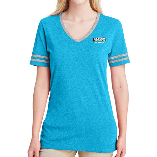 Ladies Turquoise Heather/Grey Tri Blend Varsity Tee-Kaeser w tagline