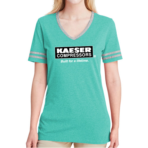 Ladies Mint Heather/Grey Tri Blend Varsity Tee-Kaeser w tagline