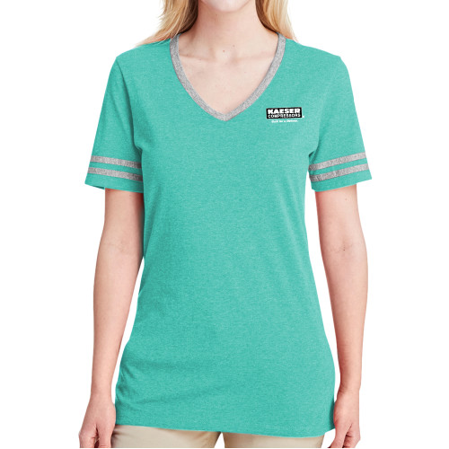 Ladies Mint Heather/Grey Tri Blend Varsity Tee-Kaeser w tagline