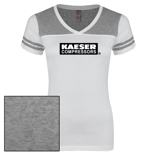 Womens White/Heather Grey Varsity V Neck Tee -Kaeser Primary Mark