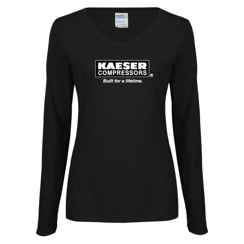 Womens Black Long Sleeve V Neck Tee -Kaeser w tagline