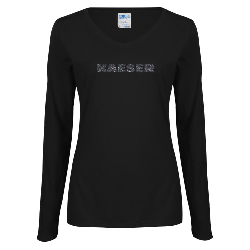 Womens Black Long Sleeve V Neck Tee -Kaeser Graphite Soft Glitter