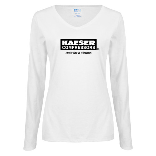 Womens White Long Sleeve V Neck Tee-Kaeser w tagline