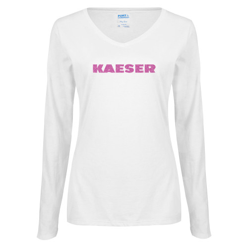 Womens White Long Sleeve V Neck Tee-Kaeser Neon Pink Glitter