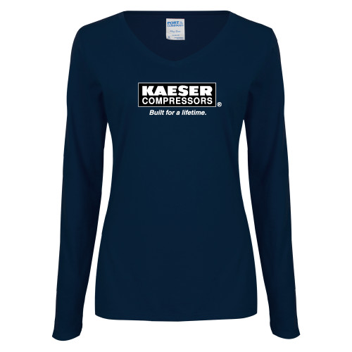 Womens Navy Long Sleeve V Neck Tee-Kaeser w tagline