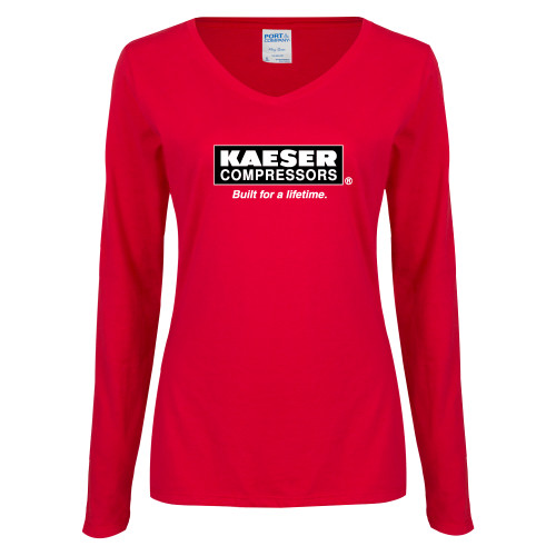 Womens Red Long Sleeve V Neck Tee-Kaeser w tagline