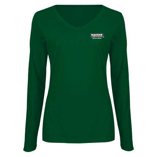 Womens Dark Green Long Sleeve V Neck Tee -Kaeser w tagline