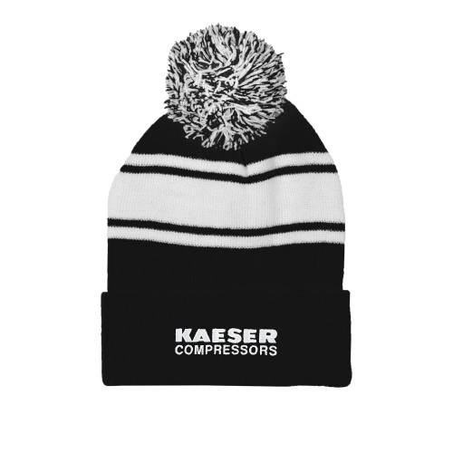 Black/White Two Tone Knit Pom Beanie w/Cuff-Kaeser Compressors