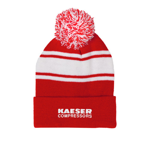 Red/White Two Tone Knit Pom Beanie w/Cuff-Kaeser Compressors
