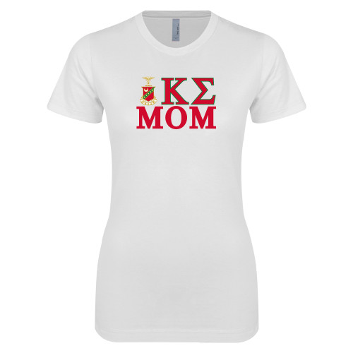 Next Level Womens White Boyfriend Tee-Mom Greek Letters Stacked