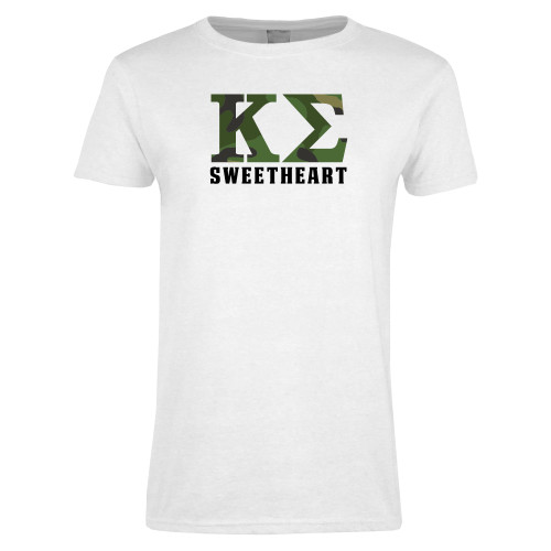 Womens White Short Sleeve Tee-Camo Greek Letters Sweetheart