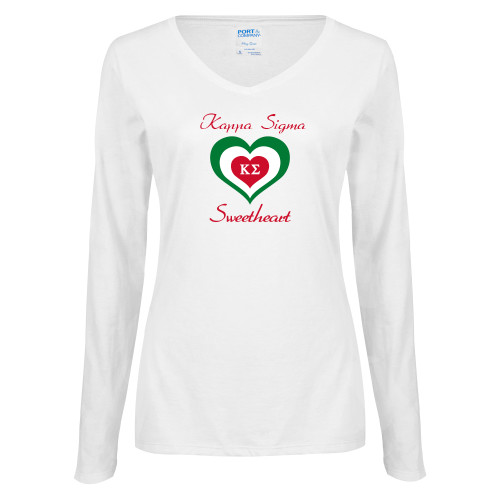 Womens White Long Sleeve V Neck Tee-Kappa Sigma Sweetheart