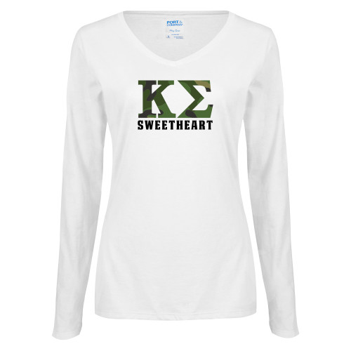 Womens White Long Sleeve V Neck Tee-Camo Greek Letters Sweetheart