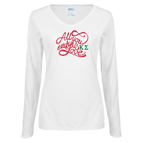 Womens White Long Sleeve V Neck Tee-All you need is Love