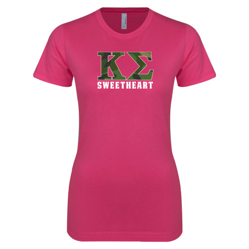 Next Level Womens Fuchsia Boyfriend Tee-Camo Greek Letters Sweetheart