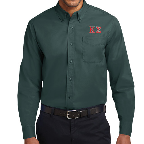 Dark Green Twill Button Down Long Sleeve-Kappa Sigma - Greek Letters - 2 Color