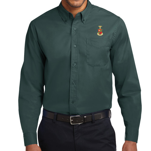 Dark Green Twill Button Down Long Sleeve-Crest