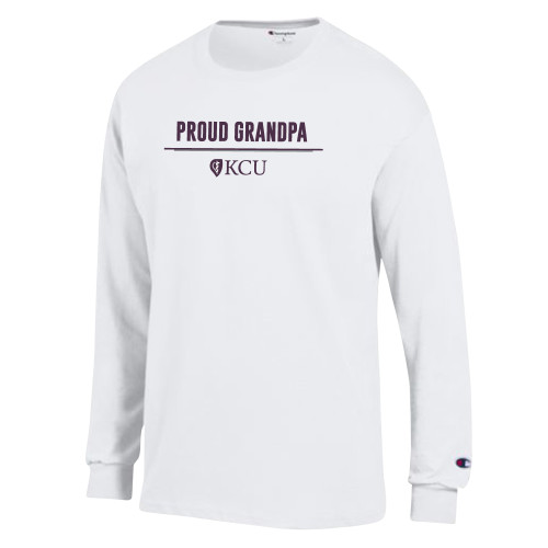  Champion White Long Sleeve T Shirt - KCU Proud Grandpa