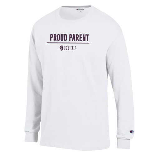  Champion White Long Sleeve T Shirt - KCU Proud Parent