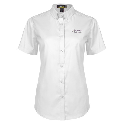  Womens White Twill Button Up Short Sleeve - Stacked Kansas City Univ