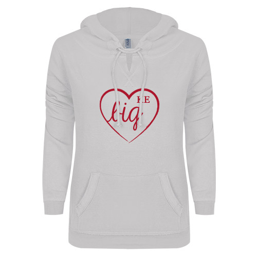 ENZA Womens White V Notch Raw Edge Fleece Hoodie-Big in Heart