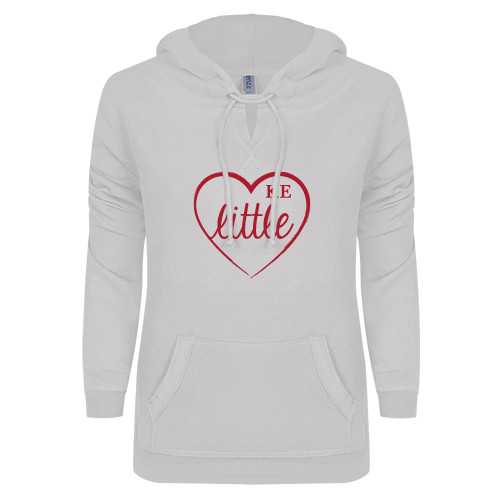ENZA Womens White V Notch Raw Edge Fleece Hoodie-Little in Heart