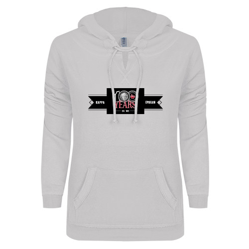  ENZA Womens White V Notch Raw Edge Fleece Hoodie - 100 Years Logo