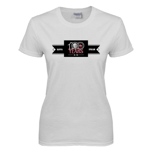 Womens White Short Sleeve Tee-100 Years Logo