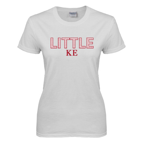 Womens White Short Sleeve Tee-Block Letters w/ Pattern Little