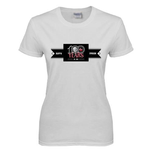  Womens White Short Sleeve Tee - 100 Years Logo