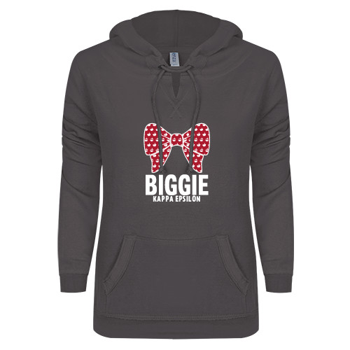 ENZA Womens Dark Heather V Notch Raw Edge Fleece Hoodie-Biggie Bow