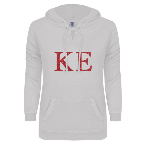 ENZA Womens White V Notch Raw Edge Fleece Hoodie-Greek Letters Glitter