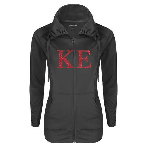 Womens Charcoal Sport Wick Stretch Full Zip Jacket-Greek Letters Glitter