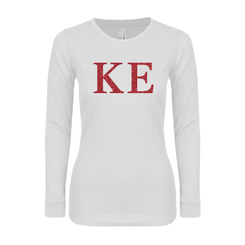Next Level Womens White Long Sleeve T Shirt-Greek Letters Glitter